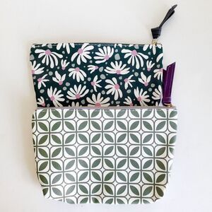 Brand New Two Navy Floral Green Abstract Prints Cosmetic Bag Purse NWOT 6"L